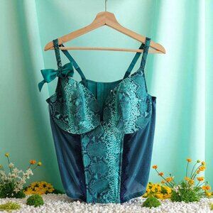 Cacique Teal Green Snake Print Corset Bra, Long, Bow Accent, Size 22/24